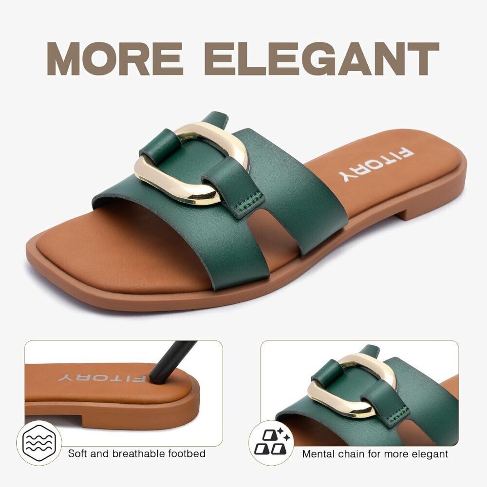 Women's Green Square Open Toe Slides PU Strap Metal Chain Slippers Flat Sandals - Picture 5 of 5